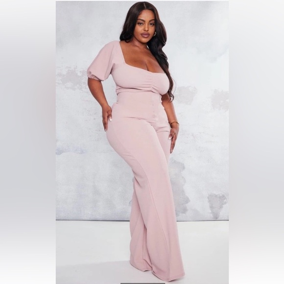 PrettyLittleThing Pants - NWT Pretty Little Thing Pink Crepe Ruched Puff Sleeve Jumpsuit Womens 18 (1451)